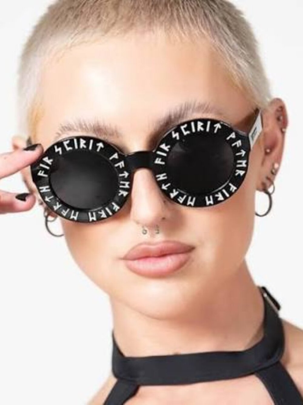 Killstar Elements Round Sunglasses ✦ Black Frame White Graphic Lens Detail NWT